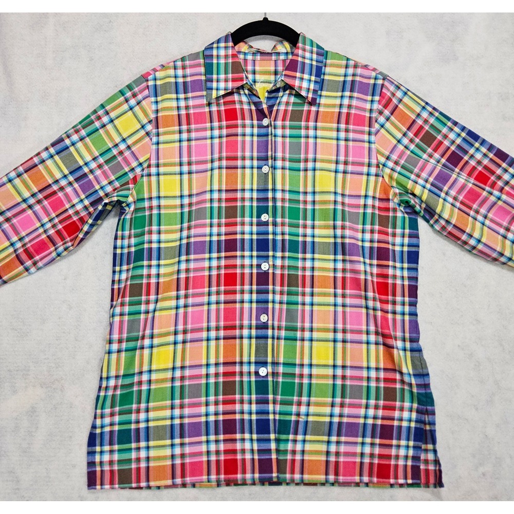 Foxcroft Womens Blouse 4P XS Button Up Shirt Plaid Wrinkle Free Yellow Pink Blue - Picture 2 of 8